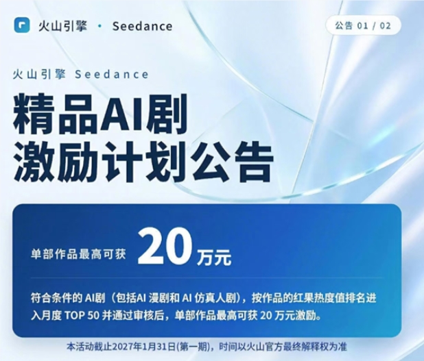  字节火山引擎砸钱"养"AI 剧：月度 TOP10 单部最高奖 20 万